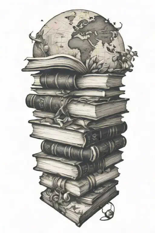 A stack of books transforming into a world map, symbolizing the client's love for reading and traveling tattoo design idea