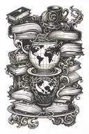 A coffee cup morphing into a stack of books with a world map in the background tattoo design idea