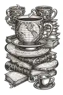 A coffee cup morphing into a stack of books with a world map in the background tattoo design idea
