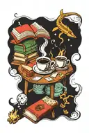 Coffee and books at the end of the world. tattoo design idea