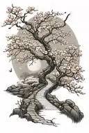 A subtle, winding path in moonlight, surrounded by cherry blossom, the path leading nowhere tattoo design idea