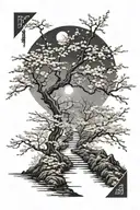 A subtle, winding path in moonlight, surrounded by cherry blossom, the path leading nowhere tattoo design idea