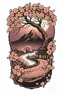 a winding road surrounded by cherry blossom in moonlight tattoo design idea