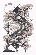 A subtle, winding path in moonlight, surrounded by cherry blossom, the path leading nowhere tattoo design idea