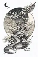 A subtle, winding path in moonlight, surrounded by cherry blossom, the path leading nowhere tattoo design idea