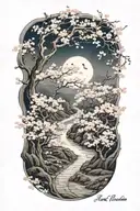 A subtle, winding path in moonlight, surrounded by cherry blossom, the path leading nowhere tattoo design idea