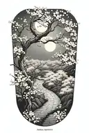 A subtle, winding path in moonlight, surrounded by cherry blossom, the path leading nowhere tattoo design idea