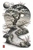 a moonlit, subtle, winding path surrounded by cherry blossom, the path gradually fades tattoo design idea