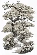 a moonlit, subtle, winding path surrounded by cherry blossom, the path gradually fades tattoo design idea