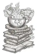 A coffee cup morphing into a stack of books with a world map in the background tattoo design idea