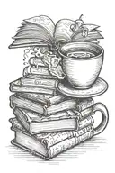A coffee cup morphing into a stack of books with a world map in the background tattoo design idea