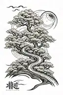 a winding road surrounded by cherry blossom in moonlight tattoo design idea