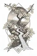 a moonlit, subtle, winding path surrounded by cherry blossom, the path gradually fades.  tattoo design idea