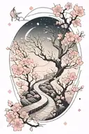 A subtle, winding path in moonlight, surrounded by cherry blossom, the path leading nowhere tattoo design idea