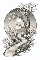 A subtle, winding path in moonlight, surrounded by cherry blossom, the path leading nowhere tattoo design idea