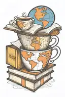 A coffee cup morphing into a stack of books with a world map in the background tattoo design idea