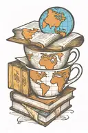 A coffee cup morphing into a stack of books with a world map in the background tattoo design idea