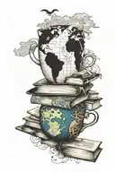 A coffee cup morphing into a stack of books with a world map in the background tattoo design idea