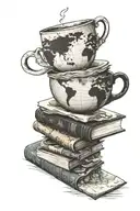 A coffee cup morphing into a stack of books with a world map in the background tattoo design idea