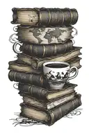 A coffee cup morphing into a stack of books with a world map in the background tattoo design idea