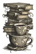 A coffee cup morphing into a stack of books with a world map in the background tattoo design idea