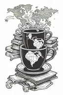A coffee cup morphing into a stack of books with a world map in the background tattoo design idea