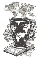 A coffee cup morphing into a stack of books with a world map in the background tattoo design idea