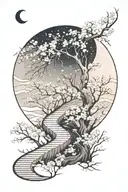 A subtle, winding path in moonlight, surrounded by cherry blossom, the path leading nowhere tattoo design idea