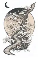A subtle, winding path in moonlight, surrounded by cherry blossom, the path leading nowhere tattoo design idea