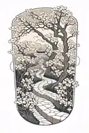 A subtle, winding path in moonlight, surrounded by cherry blossom, the path leading nowhere tattoo design idea