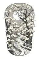 A subtle, winding path in moonlight, surrounded by cherry blossom, the path leading nowhere tattoo design idea