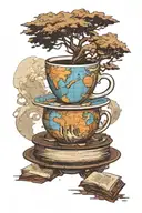 A coffee cup morphing into a stack of books with a world map in the background tattoo design idea