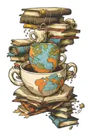 A coffee cup morphing into a stack of books with a world map in the background tattoo design idea