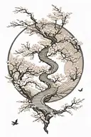 A subtle, winding path surrounded by cherry blossom, in a circular shape, the path gradually fades tattoo design idea
