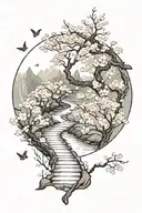 A subtle, winding path surrounded by cherry blossom, in a circular shape, the path gradually fades tattoo design idea