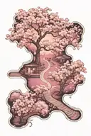 A crossroad in moonlight, surrounded by cherry blossom. tattoo design idea