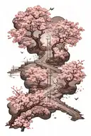 A crossroad in moonlight, surrounded by cherry blossom. tattoo design idea