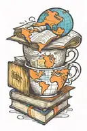 A coffee cup morphing into a stack of books with a world map in the background tattoo design idea