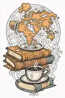 A coffee cup morphing into a stack of books with a world map in the background tattoo design idea