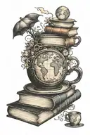 A coffee cup morphing into a stack of books with a world map in the background tattoo design idea