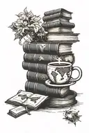 A coffee cup morphing into a stack of books with a world map in the background tattoo design idea
