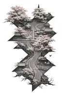 A crossroad in moonlight, surrounded by cherry blossom. tattoo design idea