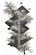 A crossroad in moonlight, surrounded by cherry blossom. tattoo design idea