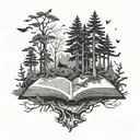 A mystical forest scene with hidden book motifs scattered throughout, representing the client's love for reading and nature exploration during travels tattoo design idea