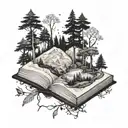 A mystical forest scene with hidden book motifs scattered throughout, representing the client's love for reading and nature exploration during travels tattoo design idea