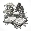 A mystical forest scene with hidden book motifs scattered throughout, representing the client's love for reading and nature exploration during travels tattoo design idea
