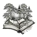 A mystical forest scene with hidden book motifs scattered throughout, representing the client's love for reading and nature exploration during travels tattoo design idea