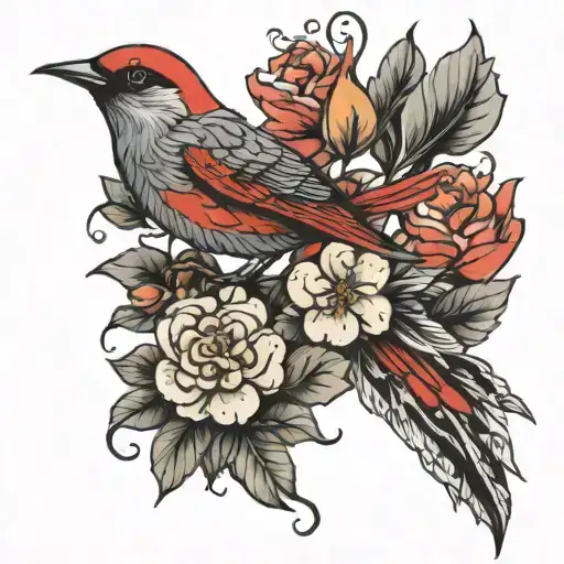 floral and red bird  tattoo design idea