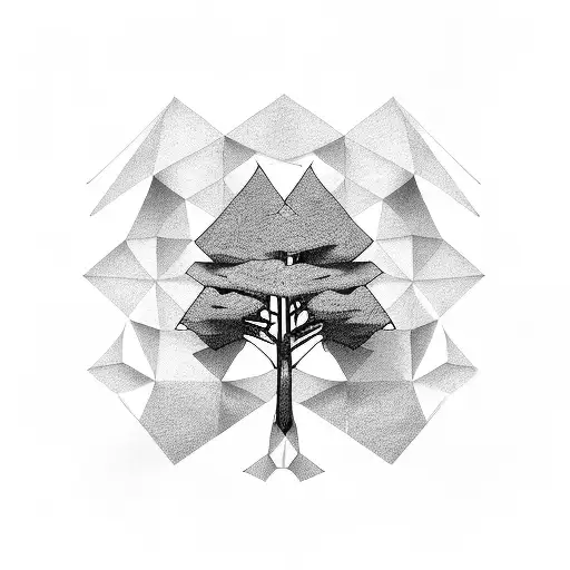 2 dimensional tree in polygon style fading into single strokes tattoo design idea