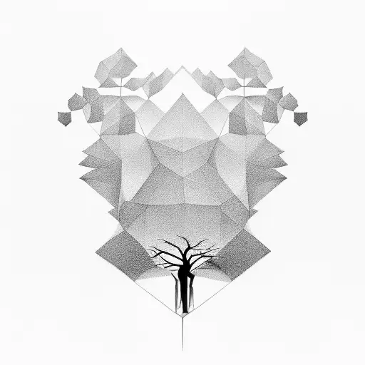 2 dimensional tree in polygon style fading into single strokes from right to left tattoo design idea
